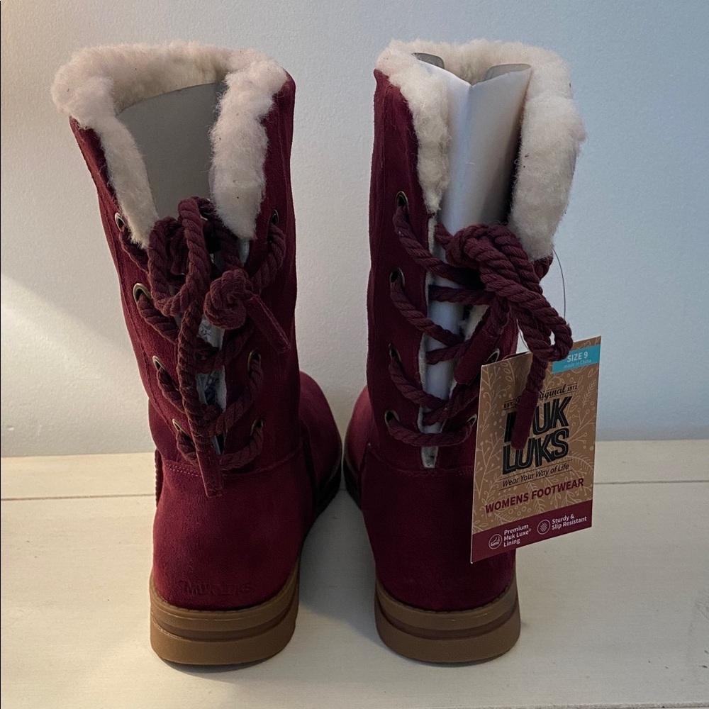 Muk Luks Women's Water Repellent Suede Mid Calf Winter Boots Bordeaux New - Picture 2 of 10